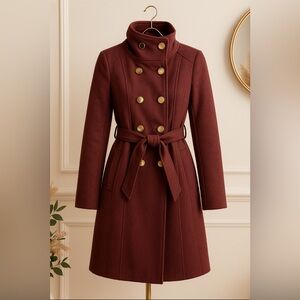 Guess Double-Breasted Belted Wool burgundy-wine  Coat - Women's/size S